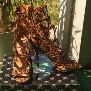Leopard Strappy Lace up Sandals